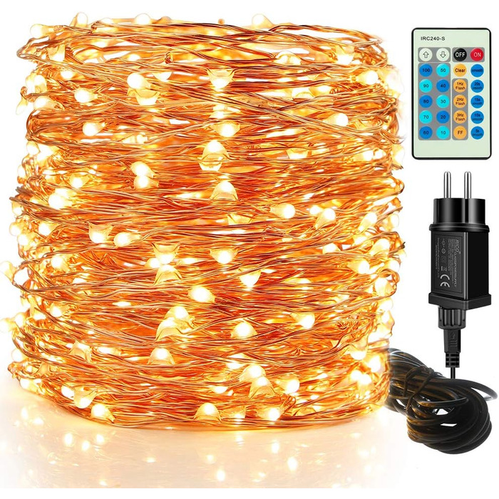 LED гірлянда на батарейках 50м, 500 LED, мідний дріт, зірочки, диммування, пульт, для декору, різдвяні вогні, водонепроникна, для саду, тераси, кімнати