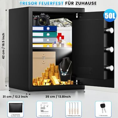 Великий сейф 50л для дому: вогнестійкий, водонепроникний, з ключем та кодовою панеллю. Сейф для зберігання золота, прикрас, документів. Сейф для меблів з інтелектуальною системою сигналізації, настінний сейф.