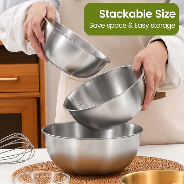 Набір місок для перемішування [5 шт] з нержавіючої сталі, 5 розмірів (0.7 л/ 1.2 л/ 1.8 л/ 2.5 л/ 3.5 л), придатні для миття в посудомийній машині. Салатниці, контейнери для перекусів та миски
