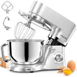 Кухонна машина POWWA 5.5L з 6 швидкостей, 1500W, для замішування тіста, з міксером, гаком для тіста та захистом від бризок (срібна)
