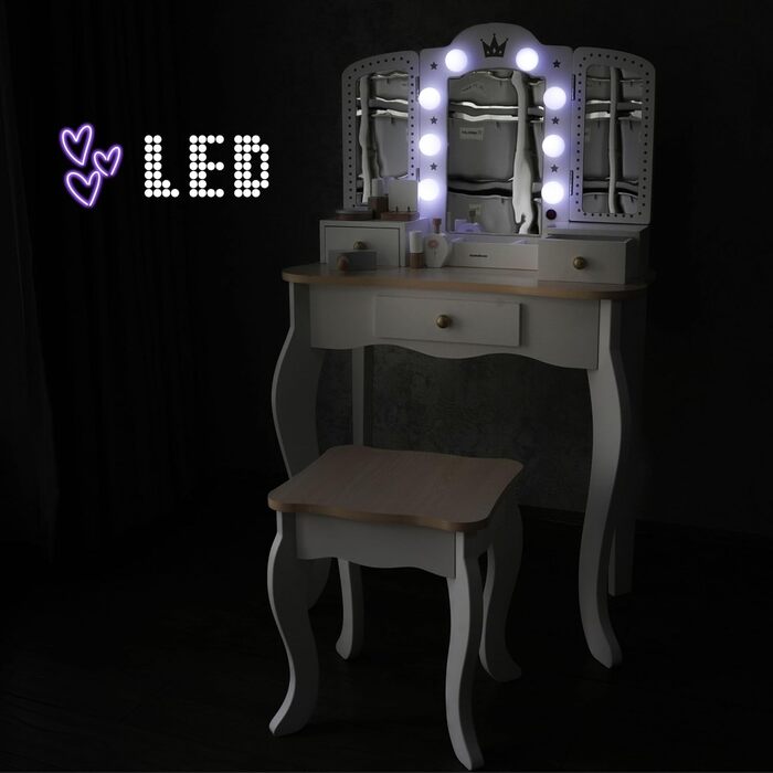 Детський туалетний столик Mamabrum XXL з дерева з пуфом та LED-дзеркалом – для дівчаток віком від 3 років з висувною шухлядою та аксесуарами для краси – ігровий набір та письмовий стіл MAM240 DRESSER