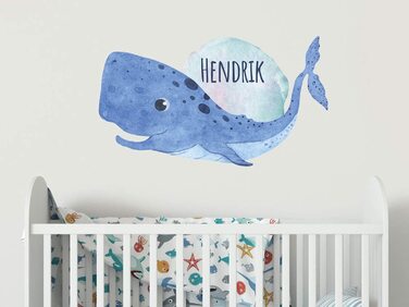 Наклейка на стіну для дитячої кімнати з ім'ям синього кита XXL великого розміру, наклейка на стіну для дитячої кімнати для дівчаток, персоналізована акварель, наклейка на стіну, прикраса для хлопчиків, ШХХ, 70x40 см