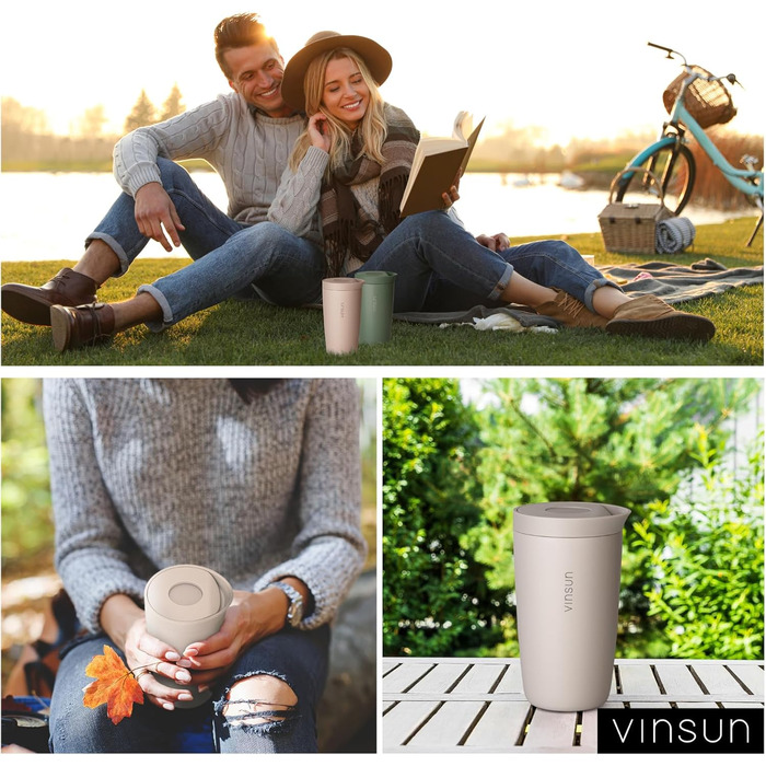Термокружка VINSUN для кави з собою 350 мл, з подвійними стінками, з нержавіючої сталі, з герметичним клапаном, для гарячих та холодних напоїв, для автомобіля, університету, бежевий колір