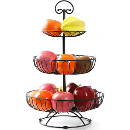 Фруктова двоярусна 3-поверхова кошик для фруктів з металевою вазою для фруктів для прикраси кухні, чорний, 30 x 30 x 46 см