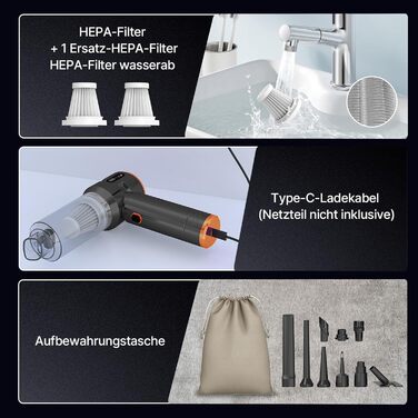 Акумуляторний ручний пилосос Piwaal 4-в-1, 22000Па, безщітковий двигун з функцією обдуву (220000 об/хв), для авто, дому, офісу та комп'ютера, чорний