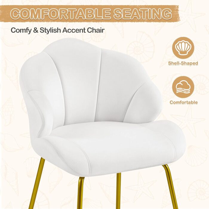 Крісло Yaheetech у формі мушлі, сучасне крісло-вушко, з металевими ніжками, поліестер, для вітальні/туалетного столика/спальні, біле (1 шт.)