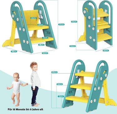 Дитячий підсвічник Onasti Tritthocker Kinder: регульована висота, 3 сходинки, з ручками, складний, анти-кіп та анти-ковзний, для кухні, ванної, раковини та туалету (сірий) сіро-білий (зелений)