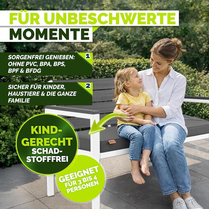 Садова лавка Tillvex® 3-4 місця з подушками та чохлом, вулична, дерев'яний вигляд, до 300 кг, стійка до УФ-випромінювання, антрацит/білий, 150 см