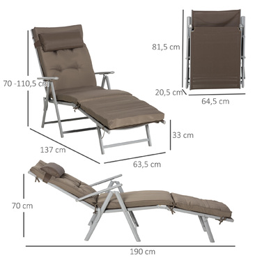 Outsunny Sun Lounger Садовий шезлонг складний регульований з подушкою коричневий сріблястий 137x63.5x100.5см для пляжу та саду