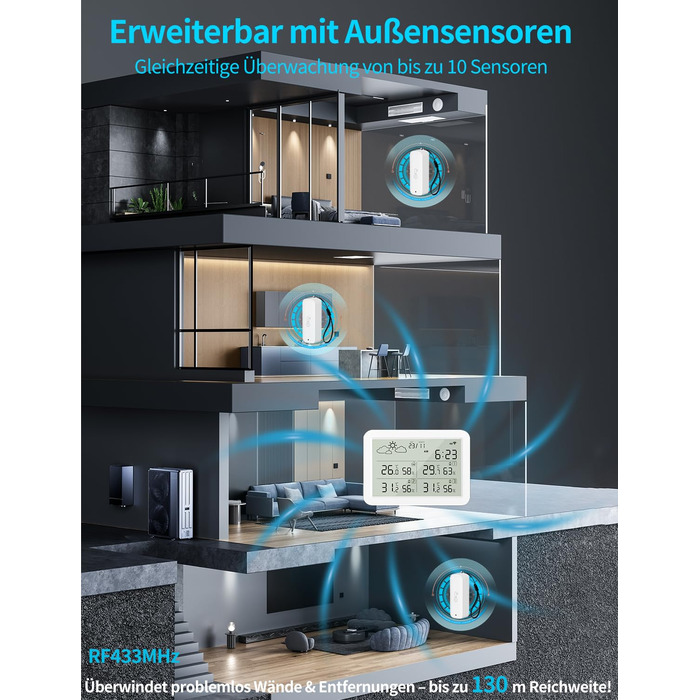 Термометр-гігрометр WIOONI Wi-Fi з LCD-дисплеєм: 3 сенсори + 1 база. Сумісний з Tuya/Smart Life