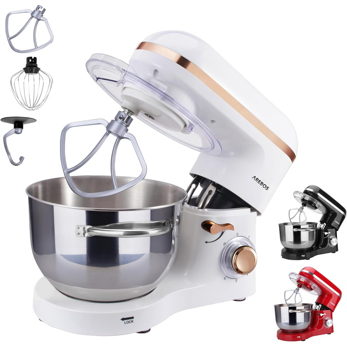 Кухонна машина Arebos 1500W з чашею 6L з нержавіючої сталі | Змішувач, гак для тіста, вінчик | Кришка-розбризкувач | 6 швидкостей | Кухонний комбайн | Машина для тіста (Біла)