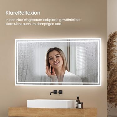 LED дзеркало для ванної кімнати EMKE 40x60 см з підсвічуванням, протитуманне, холодний/теплий білий світ, кнопка, алюмінієва рама, IP44, енергозберігаюче