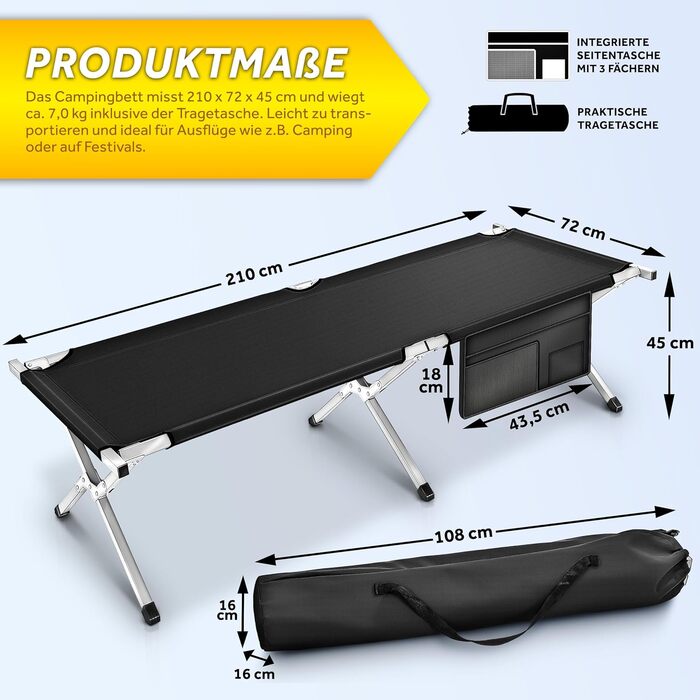 Ліжко для кемпінгу TRESKO XXL 210 x 72 x 45 см Металева труба - Вантажопідйомність до 150 кг - в різних кольорах (Чорний) 210 x 72 x 45 см Чорний