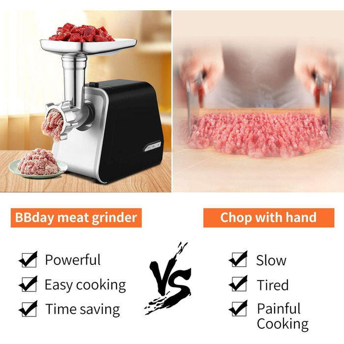 Електрична м'ясорубка COOCHEER 2000W з нержавіючої сталі 3-в-1, з набором для ковбас та кіббе