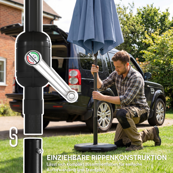 Сонячний парасолька діаметром 295 см, захист від сонця SPF 30+. Кругла парасолька для балкона, пляжу або ринку, підходить для пляжу, балкона та саду, блакитного кольору.