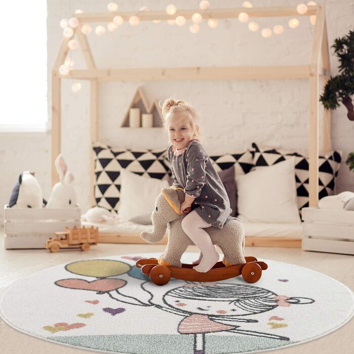 Килим круглий дитячий - Кремовий - 160x160см - Ігровий килимок Повітряна куля Серце Весела дівчинка Дитячий килимок з коротким ворсом - Oeko-Tex Standard 100 160 см Круглий