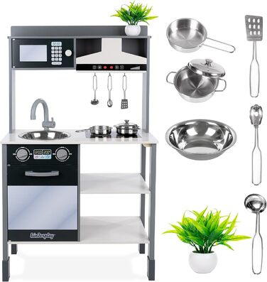 Дерев'яна дитяча кухня Kinderplay з LED та звуками приготування їжі, регульована висота 92–107 см, іграшкова кухня для ролевих ігор від 3 років, повний комплект з аксесуарами, світло-сірий (Modern - Grau)