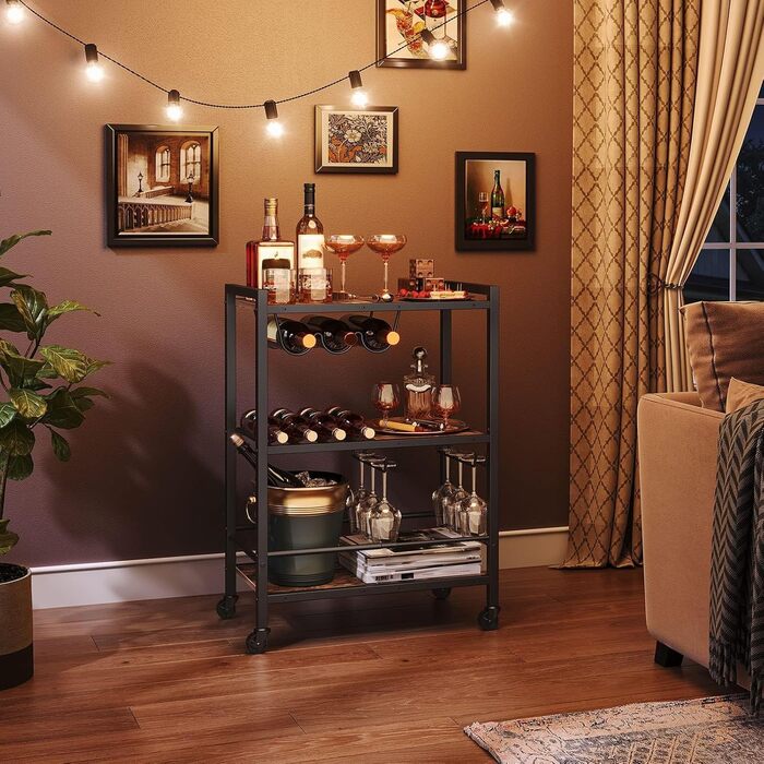 Сервізний візок HOOBRO: візок для кухні, барний візок з замком, візок для вина, вінтажний коричнево-чорний, EBF35TC01G1