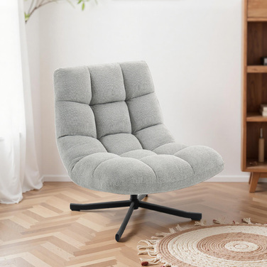 Крісло-релакс з обертовим механізмом та широким сидінням, з водонепроникною тканиною, що імітує вельвет, на перехресних сталевих ніжках, світло-сірого кольору.