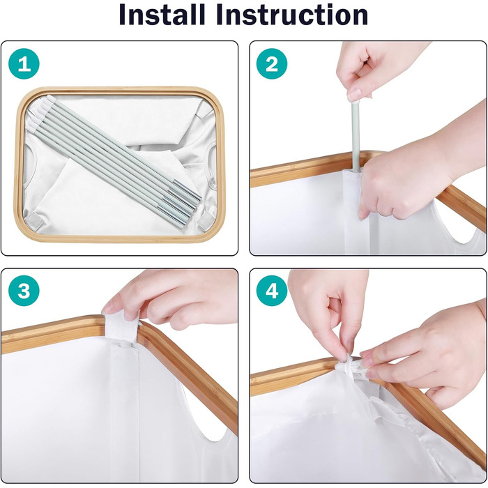 Кошик для білизни Youdenova з кришкою 85л, бамбук та дерево, сортувальник для білизни, великий, складний, білий