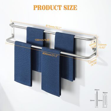 Тримач для рушників подвійний з нержавіючої сталі 304, 80 см, для ванної кімнати та кухні