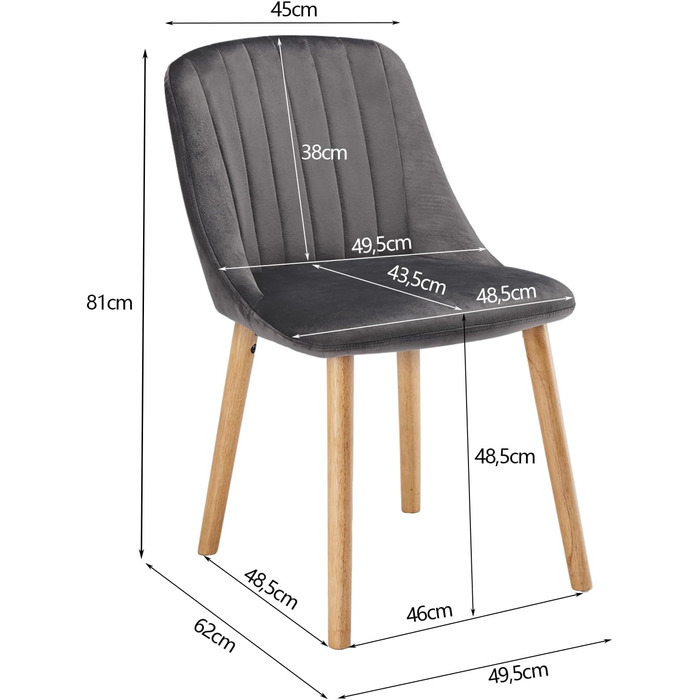 Набір обідніх стільців Goeurvant, м'який стілець з поліестеру на ніжках з масиву дерева, 6 предметів, темно-сірий