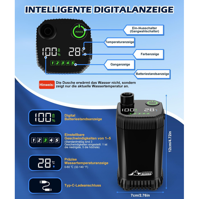 Портативна кемпінгова душова система WADEO з акумулятором, насосом та нагрівачем, 20л бак, для відпочинку, подорожей, автомиття та надзвичайних ситуацій