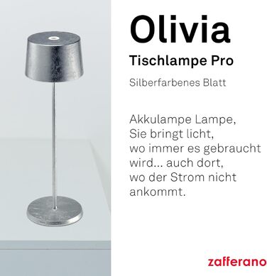 Zafferano Olivia Pro - портативна LED-лампа з торшером, сенсорне керування, регулювання яскравості, 2700-3000K, для дому та саду (сріблясте листя)