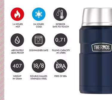 Термос для їжі Thermos Stainless King 710 мл, нержавіюча сталь, 14 годин гаряче / 24 години холодне, для супу, мюслі, рагу, герметичний, без ложки, синій, можна мити в посудомийній машині