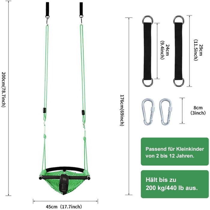 Двомісна гойдалка Nets Tribe 2-в-1 для малюків. Гойдалка для дітей з регульованими мотузками, міцна гойдалка-ігровий набір для дому та саду. (Зелений)