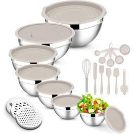 Набір міксерів E-far з кришками, 21 предмет: нержавіюча сталь, 3 насадки-тертки, розміри 7, 4.6, 3.5, 2.6, 2, 1.5, 1QT, вкладна конструкція, повітріодкі кришки хакі, для випічки/приготування