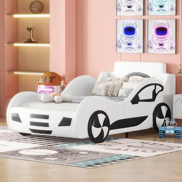 Дитяче ліжко-ліжко Merax 90 x 200 см, моделі автомобілів, односпальне ліжко з рейковим каркасом і ліжком для зберігання, ігрове ліжко для маленьких гонщиків хлопчиків і дівчаток, поліуретанова поверхня, до 250 кг, біле ліжко 90 x 200 см