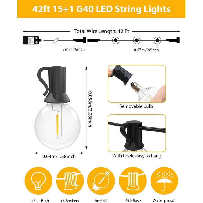 LED гірлянда для вулиці 23м - 75 футів, з таймером та регулюванням яскравості. 30+3 лампочки G40, тепле біле світло, ретро стиль, вологостійка гірлянда для тераси, вечірки, саду, патіо.