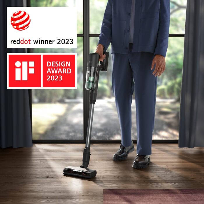 Акумуляторний пилосос AEG Serie 7000 Granitgrau: потужний, легкий (2,2 кг), ергономічний, з 70% перероблених матеріалів, до 50 хв роботи, 120 м², 2в1, 5-рівнева фільтрація, для всіх типів підлоги, автоматичний, сірий, AP71UB14AM