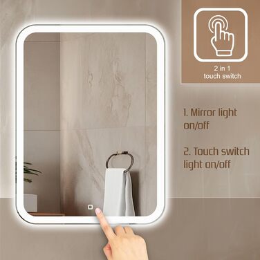 Дзеркало для ванної кімнати Venti 50x70 см з підсвічуванням та сенсорним вимикачем, LED дзеркало для ванної кімнати