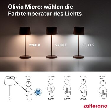 Zafferano Olivia Micro - Бездротова LED-лампа, 2200-3000K, регулювання яскравості, для дому та вулиці, 20 см, білий колір