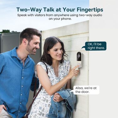 Відеодзвінок бездротовий 1080P з AI-розпізнаванням, нічне бачення, 2-сторонній аудіо, на батарейках, хмарне сховище, Wi-Fi 2.4 ГГц, для внутрішнього та зовнішнього використання