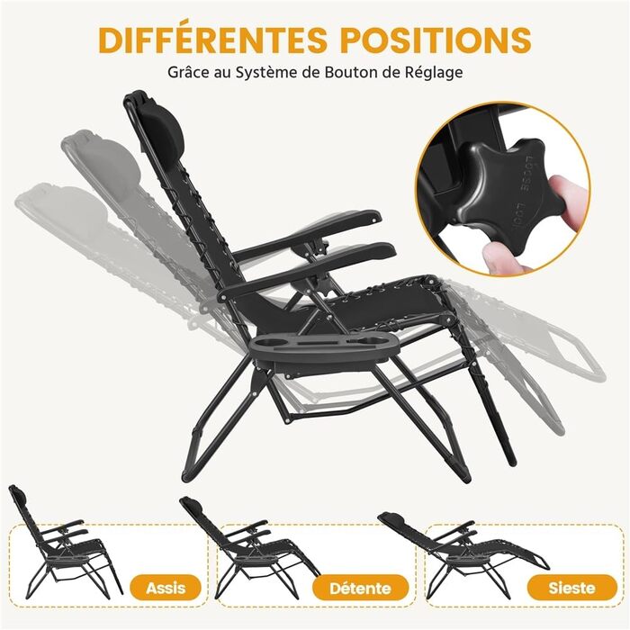 Розкішна розкладна шезлонг Yaheetech для саду, балкону та пляжу з подушкою та тримачем для напоїв (Чорний)