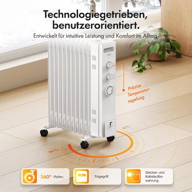 Масляний радіатор VonHaus з 11 ребрами, 2.5 кВт, з термостатом, білий - для дому та офісу