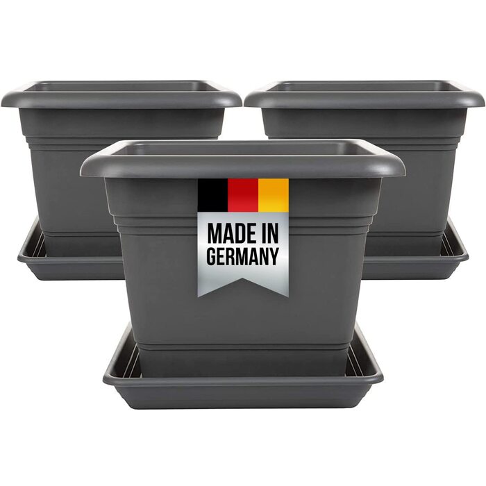 Набір з 3 великих пластикових горщиків для квітів на вулицю, 40x40 см, з підставкою, модель Don, виготовлено в Німеччині, антрацит