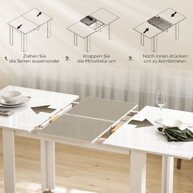 Розсувний обідній стіл, 120-160 x 70 см, регульований кухонний стіл на 4-6 осіб, МДФ, глянсовий білий