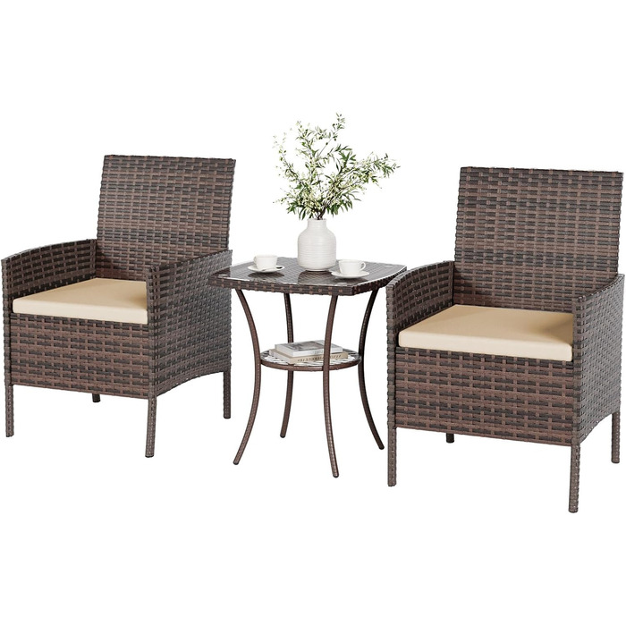 Набір меблів для саду UDPATIO Lounge: стіл та 2 стільці з поліротангу для балкона/тераси (колір: коричневий, 3-х частинний)