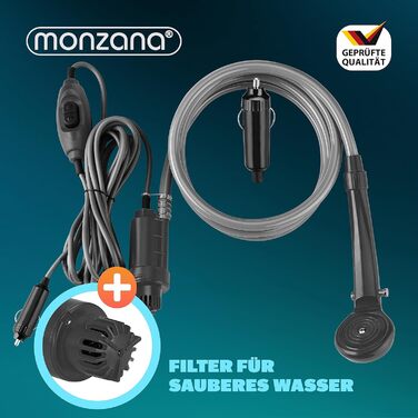 Monzana® Переносна кемпінгова душ з насосом 12V, KFZ-адаптер, сумка для зберігання, 2м шланг, 5м кабель, для авто, собак, саду, антрацит