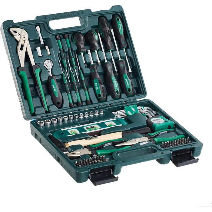 Набір інструментів Brüder Mannesmann 87 предметів, сталь Cr-V: викрутки, плоскогубці, молоток, рівень, головки та біти | M29084