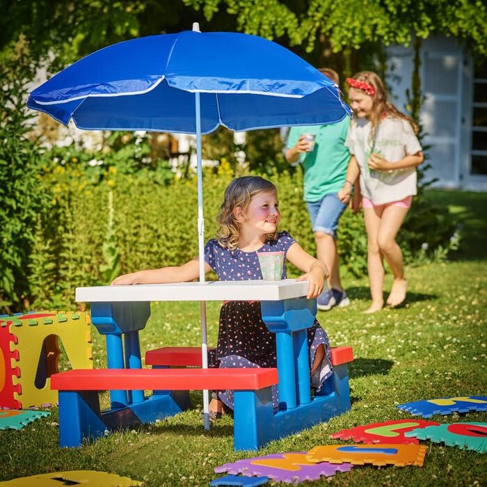 Дитячий комплект меблів для пікніка Spielwerk®: стіл, стільці та сонцезахисний парасольку. ABS пластик, водостійкий, рожевий, для саду та вулиці.
