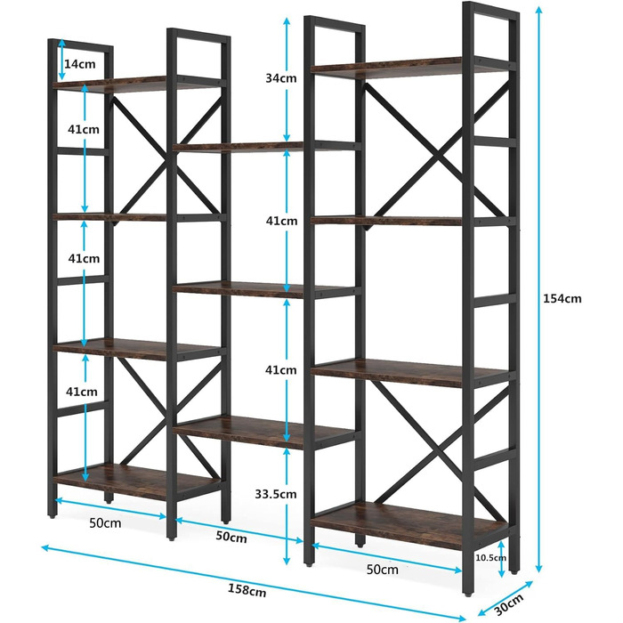 Книжкова шафа Tribesigns 4 полиці, окремо стояча, індустріальний вигляд, 11 полиць, вінтажний коричнево-чорний