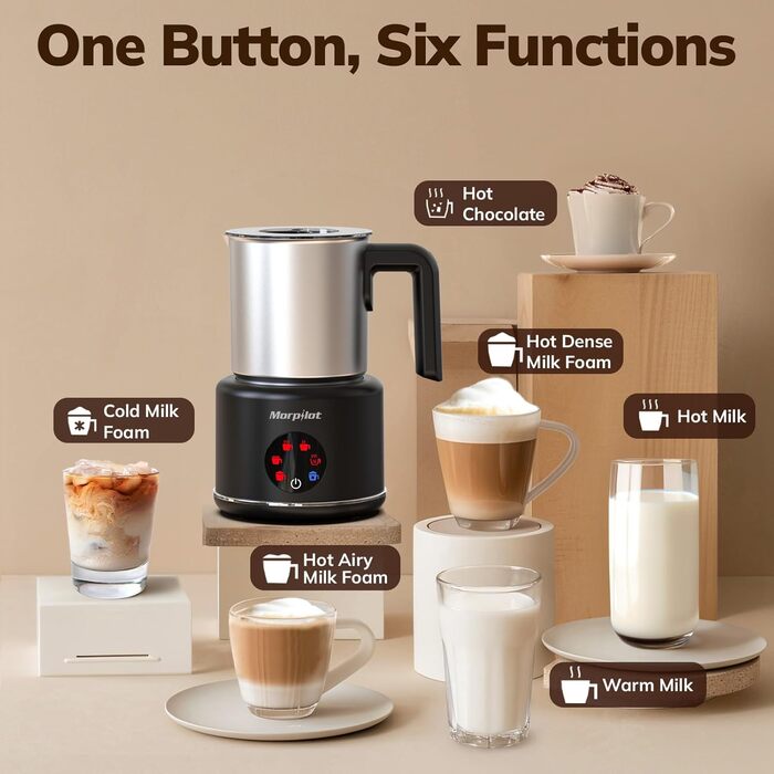 Morpilot Електричний піноутворювач молока 6-в-1, для капучино, лате, гарячого шоколаду, 130-500 мл, 600 Вт, антипригарне покриття, нержавіюча сталь, чорний