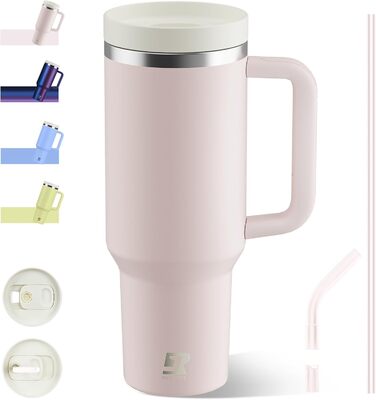 Термокружка-пляшка 1200 мл з трубочкою та антиковзним ручним захопленням, витіканнями запобігає, BPA Free, подвійні стінки, ізоляція для авто, офісу, відпочинку (пастельно-рожевий) біло-рожевий