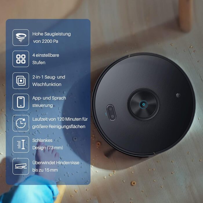 Робот-пилосос Chuango RV-500 з функцією миття підлоги, 4 режими очищення, 500 мл контейнер для сміття, 300 мл резервуар для води, сила всмоктування до 2200 Па, час роботи до 150 хв