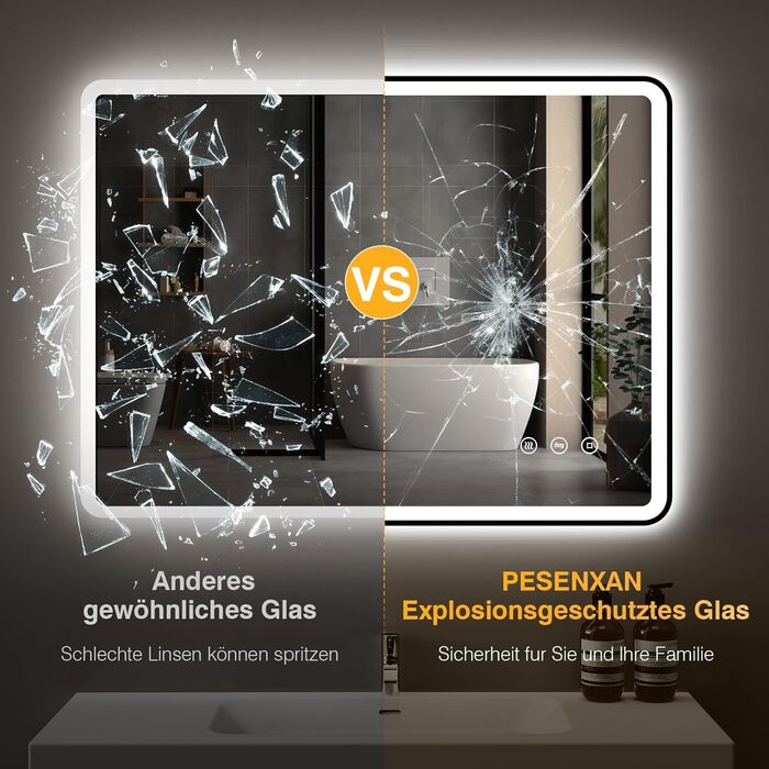 LED дзеркало для ванної кімнати 80x60 см з підсвічуванням, диммер, протитуманне покриття, 3 кольори світла, IP44, функція пам'яті, горизонтальний/вертикальний монтаж